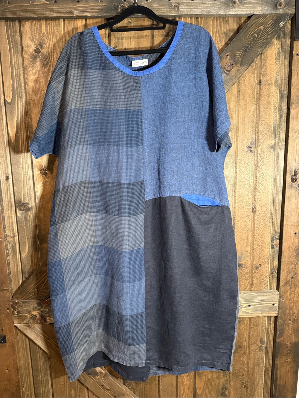 Folk Patchwork Blue & Navy Midi Dress 💯 Linen